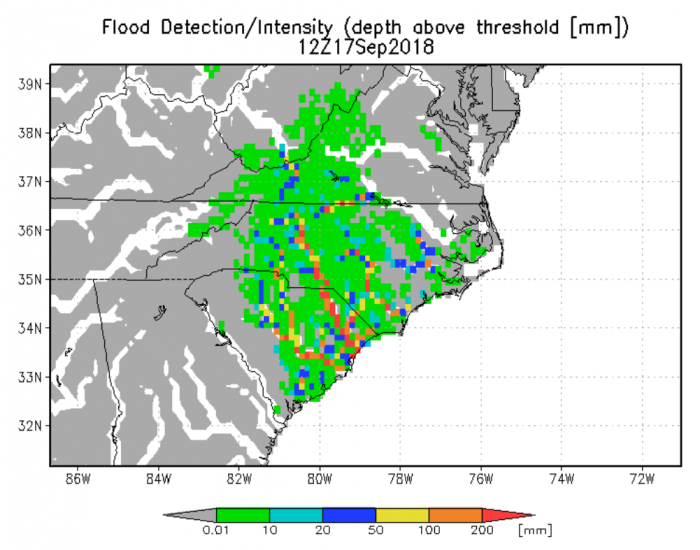 Image of GFMS flood detection and level of intensity during Hurricane Florence.