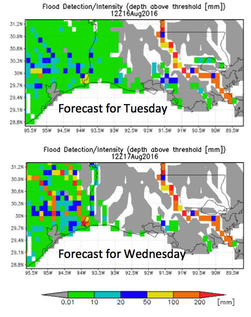 GFMS flood detection / intensity for Tuesday and Wednesday  
