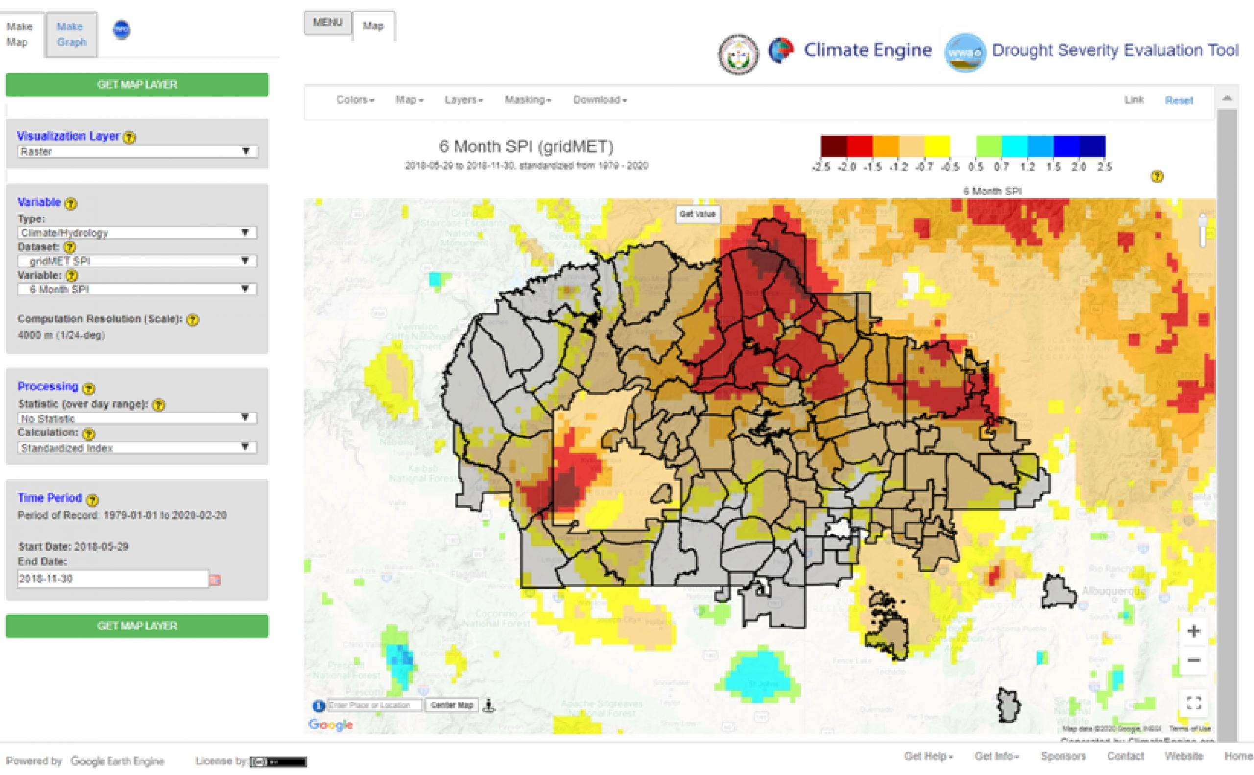 The Drought Severity Evaluation Tool showing the six-month Standardized Precipitation Index displayed as a map across the Navajo Nation