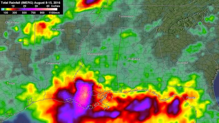 NASA's IMERG data from Aug. 8 to Aug. 15, 2016 showed over 20 inches (508 mm) of rainfall was estimated in large areas of southeastern Louisiana and extreme southern Mississippi