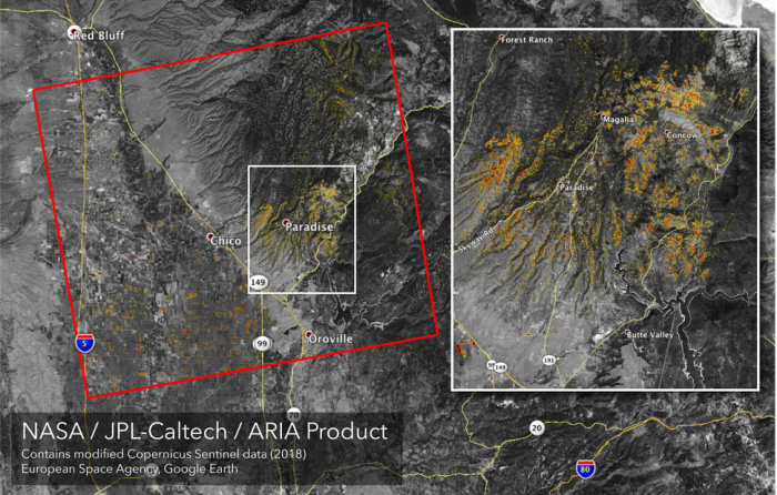 Damage Proxy Map created by NASA's ARIA team of the Camp Fire in N. California.