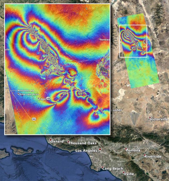 map showing surface displacement caused by earthquakes in Southern California