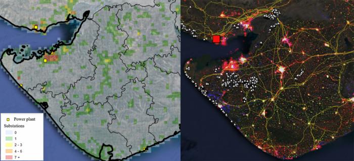 The satellite-derived optical image on the left captures the known electric supply in the state of Gujarat (population 60 million) on the western coast of India, wherein key features can be directly observed. The image in the center is a model estimation 