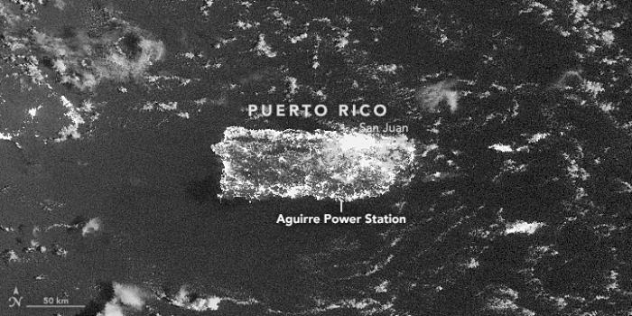 VIIRS Day-night band image of Puerto Rico acquired at 2:50 a.m. local time (06:50 Universal Time) on September 21, 2016.