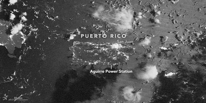 VIIRS Day-night band image of Puerto Rico acquired after the blackouts at at 2:31 a.m. local time (06:31 Universal Time) on September 22, 2016.