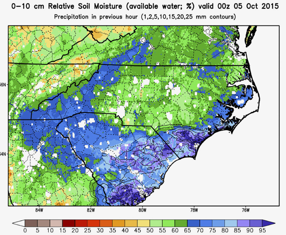 Relative soil moisture over the Carolinas on Oct. 5, 2015, shown in percent.