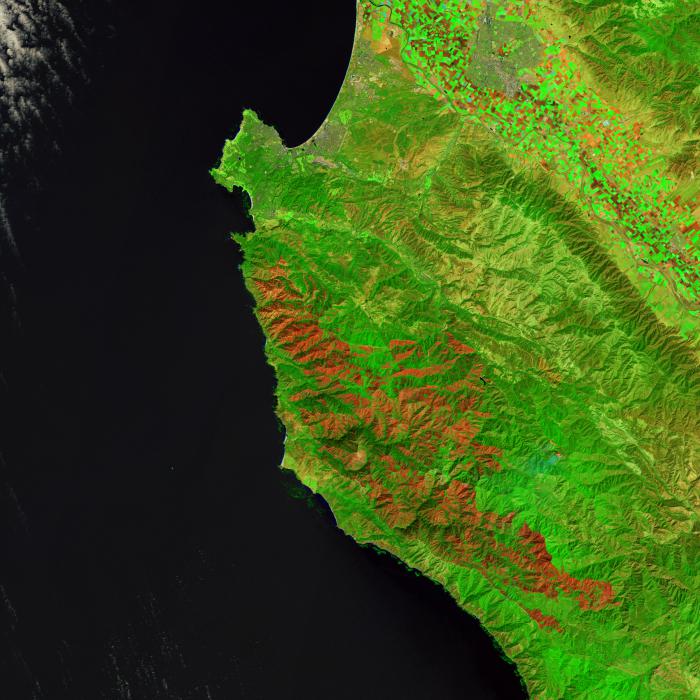 False-color image from the Landsat 8 OLI that and combines shortwave infrared, near-infrared, and green light to provide a clear view of the charred landscape (dark red). 