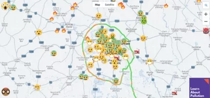 The Emoji Air Pollution Map showing air quality and reported fires in and near New Delhi, India