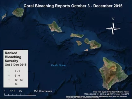A daily bleaching alert from Coral Reef Watch showing a high likelihood for coral bleaching around much of the Hawaiian Islands.