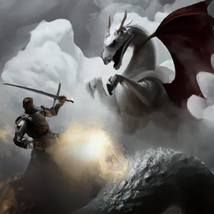 A medieval hero brandishes his weapon at an angry dragon made of storm clouds. 