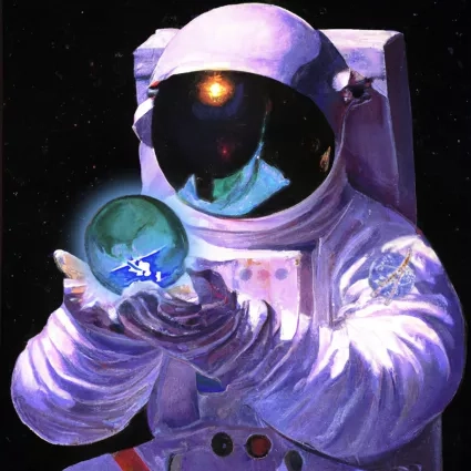 An astronaut gazes into a crystal ball that looks like Earth. 