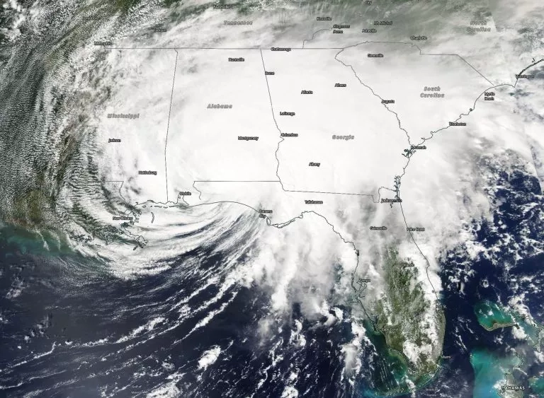 NASA’s Aqua satellite provided a visible image of Sally at 1:30 p.m. EDT on Sept. 16 about 8 hours after landfall in southern Alabama. Sally then continued a slow trek through Alabama. Credit: NASA Worldview, Earth Observing System Data and Information System (EOSDIS)