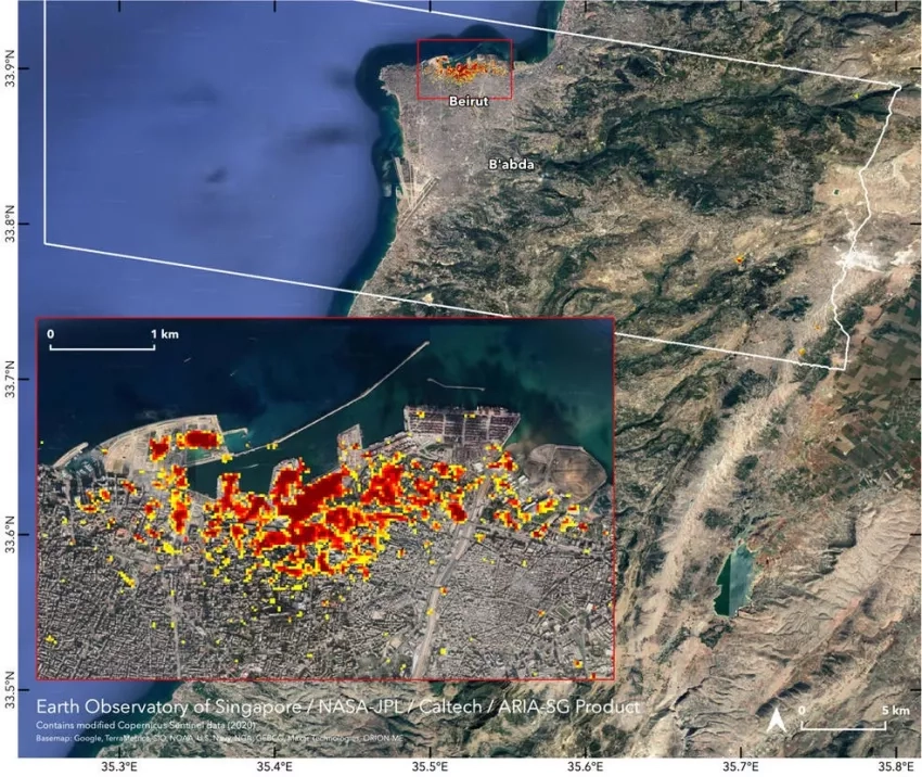 NASA's ARIA team with the Earth Observatory of Singapore, used satellite data to map the extent of likely damage following a massive explosion in Beirut. Dark red pixels represent the most severe possible damage. 