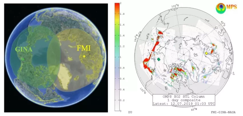 (Left) Direct Readout Coverage of the EOS, SNPP and NOAA20 direct broadcast receiving with FMI satellite downlink station in Sodankylä in Northern Finland (yellow) and GINA ground station in Fairbanks, Alaska (green). (Right) Suomi NPP OMPS Direct Readout sulfur dioxide (SO2) column density map (in Dobson Units, 1DU= 2.69x1016 molecules/cm2 ) showing volcanic SO2 cloud (in red) from 2019 Raikoke eruption dispersed over Arctic. Currently both GINA and FMI volcanic SO2 maps are made available at the FMI SAMPO