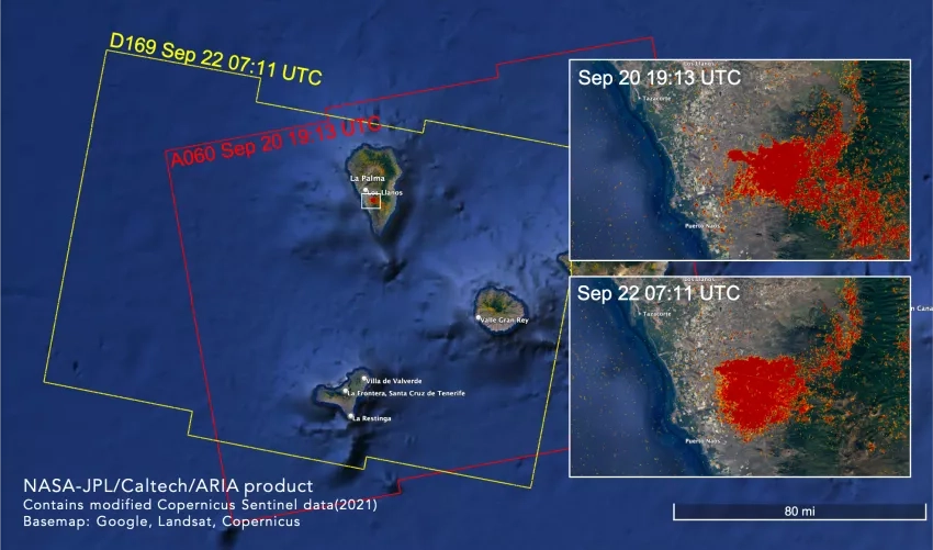 The Advanced Rapid Imaging and Analysis (ARIA) team at NASA's Jet Propulsion Laboratory and California Institute of Technology in Southern California produced these Damage Proxy Maps (DPM) depicting areas that were likely damaged or strongly affected by the volcanic eruption on the island of La Palma. The image shows two DPMs produced with data from Sept. 20 and 22, 2021. 