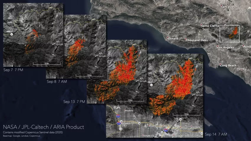 Map showing likely damaged areas in Angeles National Forest on September 7, 8, 13, and 14, 2020. Credits: NASA, contains modified Copernicus Sentinel data (2020), processed by ESA and analyzed by the NASA-JPL/Caltech ARIA team.