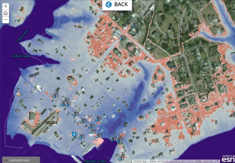This map generated by the CAIR project shows the potential impact of sea level rise on hurricane-induced flooding in Oriental, North Carolina.