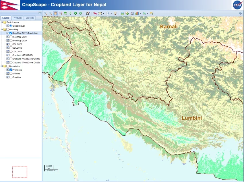 A screensot of the CropScape web application. A map contains a zoomed in section of Nepal, with agricultural areas highlighted in a bright color