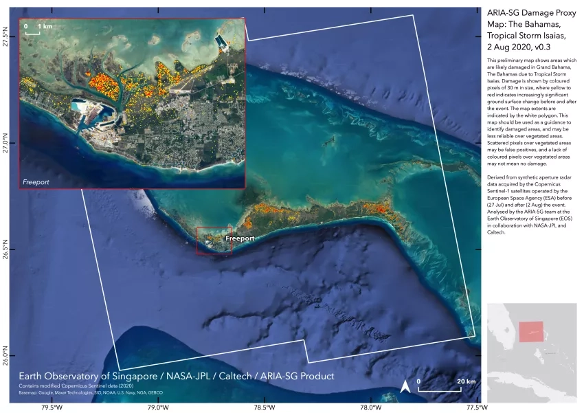 This Damage Proxy Map (DPM) shows areas which are likely damaged in Grand Bahama, The Bahamas due to Tropical Storm Isaias. 