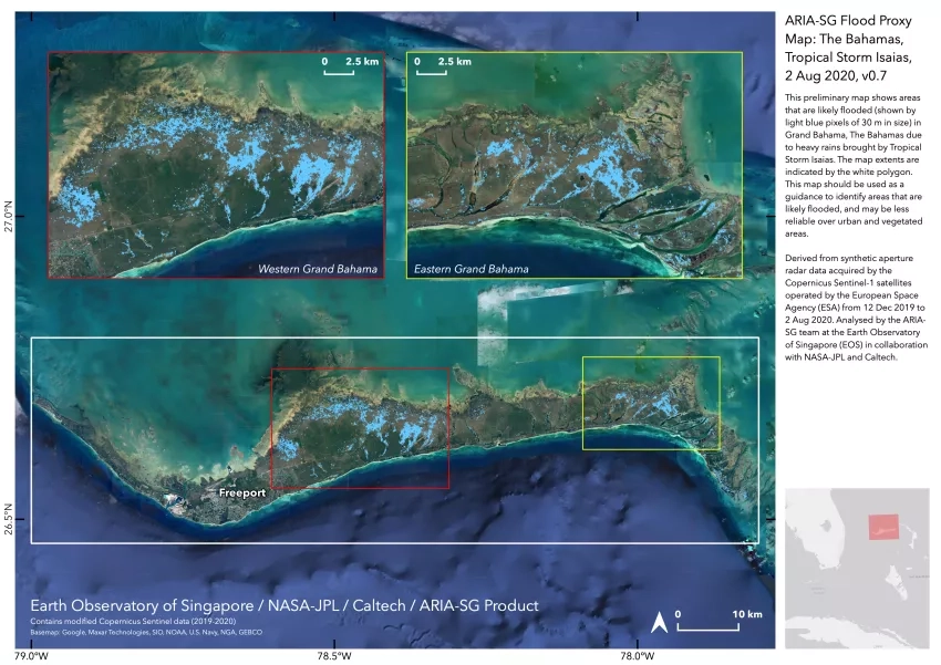 This Flood Proxy Map (FPM) shows areas that are likely flooded (shown by light blue pixels of 30 m in size) in Grand Bahama, The Bahamas due to heavy rains brought by Tropical Storm Isaias. 