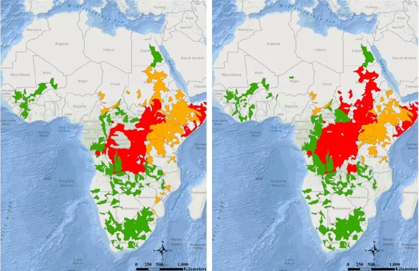 These maps from Glasscoe’s project indicate flood advisory warnings from May 5 and 6, 2020. Red represents flood warnings, orange shows flood watches, and green shows flood advisories that depict an increasing flooding likelihood across the Congo and Sudan. Credits: NASA / Margaret T. Glasscoe (JPL)