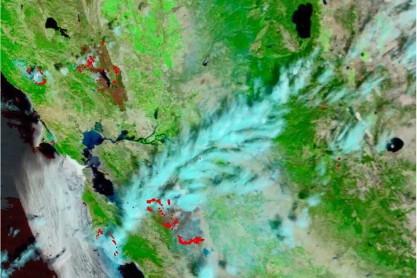 FIRMS Active Fire Points and MODIS Terra Natural Color imagery capture the spread of numerous wildfires across Northern California on Aug. 18, 2020. Credits: NASA Earth Applied Sciences Disasters program area.