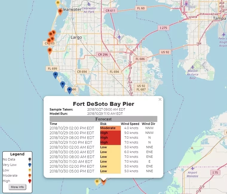Screenshot of the data collected by a harmful algae tracking system.