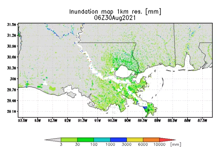 This flood inundation map from the UMD Global Flood Monitoring System (GFMS) shows regions in Louisiana  that likely experiencing flooding from Hurricane Ida on Aug. 30, 2021, based on inputs from recent NASA IMERG precipitation data and hydrological models. Credits: UMD GFMS