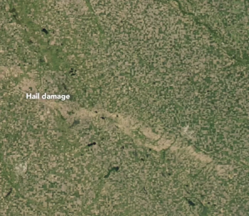 satellite image showing a scar across the land from a hailstorm
