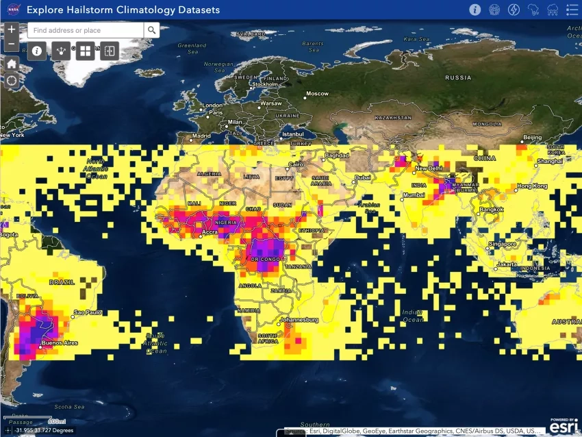 This image from the NASA Langley Hailstorm Data Visualization portal depicts a hailstorm climatology derived from Tropical Rainfall Measurement Mission data across the African continent, as well as other international hail hotspots. Darker colored areas experience more hailstorms annually than lighter colored areas. Credits: NASA, Kristopher M. Bedka
