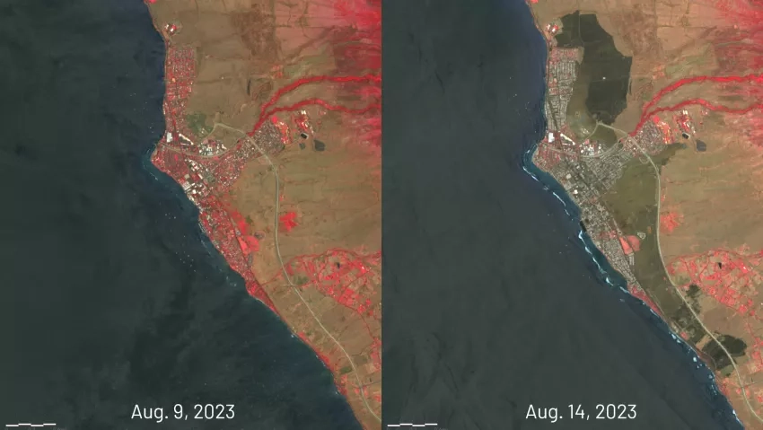 Color infrared imagery from ESA Copernicus Sentinel-2 satellite overpasses on Aug. 9 and 14, 2023 show Lahaina, Maui before and after wildfires swept through the city, illustrating the areas that were burned. Likely burned areas are shown in dark green and brown in the image on the right, while red areas are healthy vegetation. Credits: NASA/MSFC, USGS, Jacob Reed. Copyright contains modified ESA Copernicus Sentinel data (2023) processed by the ESA.