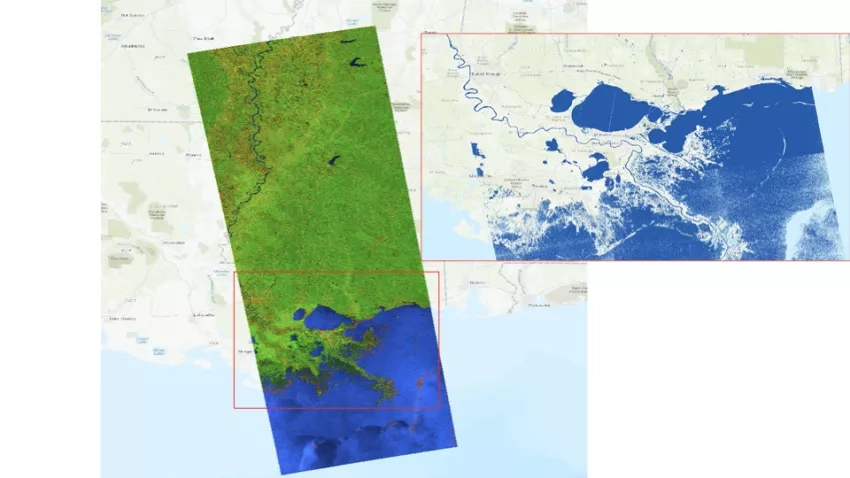 This imagery derived from ESA Sentinel-1 satellite observations on Aug. 28, 2021, at 7:02 p.m. CDT, provides a look at water conditions in Louisiana before the storm made landfall.  The zoomed image is a derived surface water extent product, which shows in blue where all water viewable by the satellite is located.  When combined with ancillary datasets such as known water layers, road networks and building footprints, products such as this can be used to assess water location over a large area and identify 