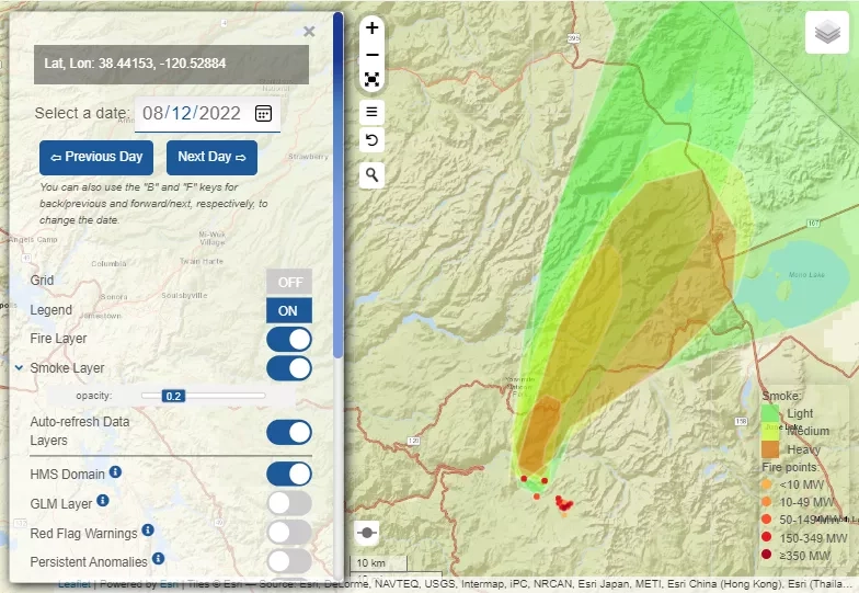 Plumes from the Red Fire in Yosemite National Park on August 12, 2022, as shown in NOAA’s Hazard Mapping System Smoke Product website. Credits: NOAA Office of Satellite and Product Operations 