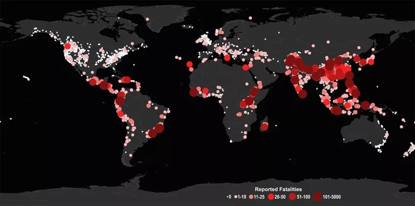 The distribution of reported fatalities from 10,804 rainfall-triggered landslides in NASA’s Global Landslide Catalog (GLC) from 2007 to 2017. White dots represent incidents with zero reported fatalities and dots in the color scale from pink to red represent incidents in the range of 1-5000 fatalities. The NASA landslides team, based primarily out of NASA’s Goddard Space Flight Center, develops the Global Landslide Catalog and LHASA with support from NASA’s  Disasters program. Credits: NASA's Scientific Visu