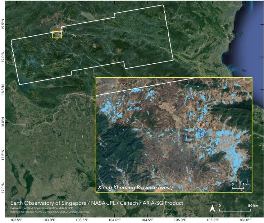 This preliminary Flood Proxy Map (FPM) is derived from SAR data of Copernicus Sentinel-1 mission, operated by ESA, acquired before (June 8) and during (June 14) the flood event. The white polygon indicates the map extents. The light blue pixels of 30 m in size indicate areas likely flooded in Xieng Khouang Province, Laos, due to heavy rains brought by Tropical Storm Koguma. The map may be less reliable over urban and vegetated areas. Credits: the Earth Observatory of Singapore (EOS)/NASA-JPL/Caltech. Contai