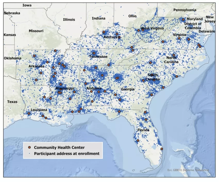 map of southeastern US showing community health centers