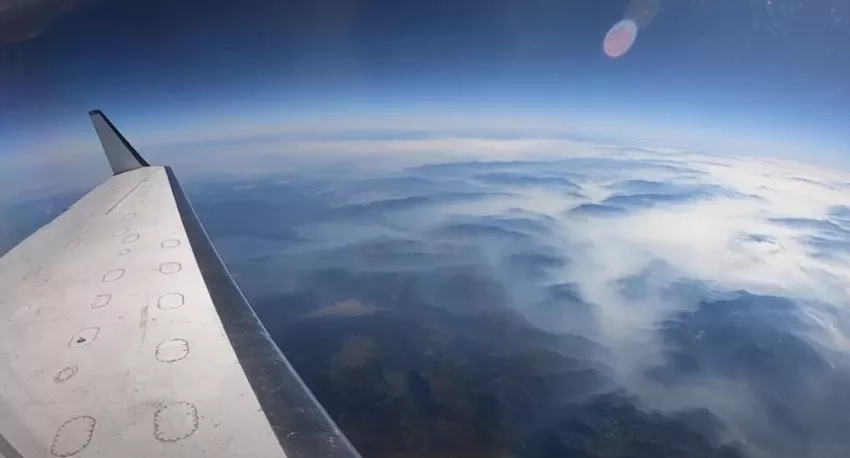 NASA’s C-20A aircraft flies over fires in California in Sept. 2020, carrying the Uninhabited Aerial Vehicle Synthetic Aperture Radar (UAVSAR) instrument developed and operated by NASA's Jet Propulsion Laboratory.  Credits: NASA