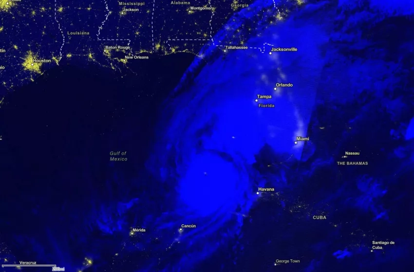 Satellite map showing nightime lights in Florida with Hurricane Milton approaching.