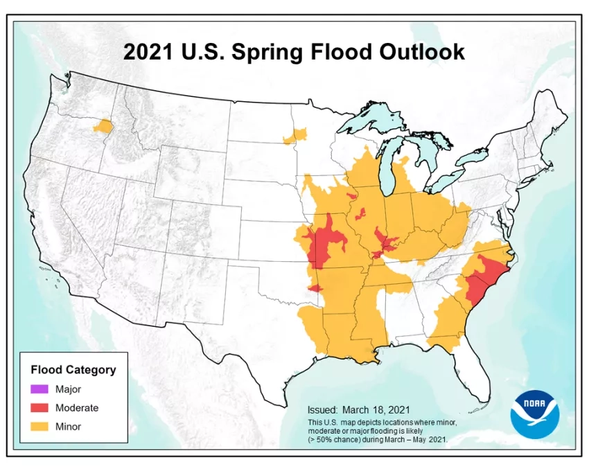 This map depicts the locations where there is a greater than 50% chance of moderate or minor flooding during March through May 2021. Credits: NOAA