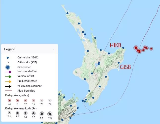 Location of the GNSS stations (HIKB, GISB) and the recent earthquakes near Gisborne, New Zealand. Credits: CMU, NASA, GNS Science in New Zealand