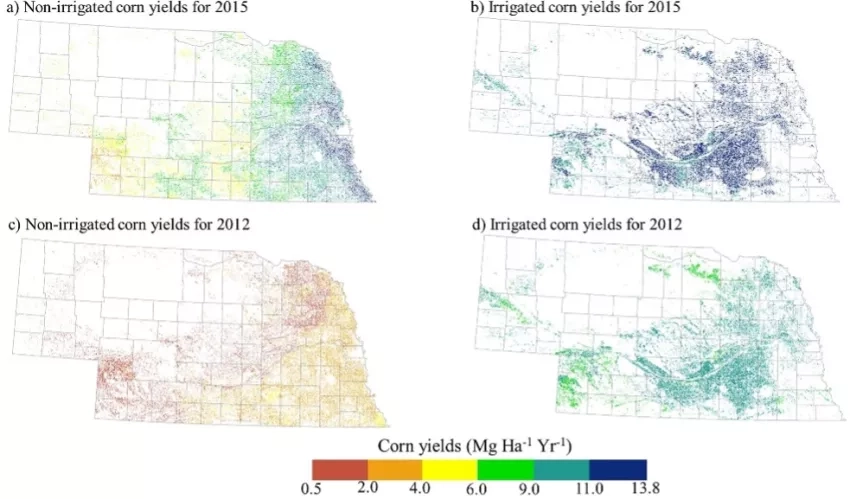 Map of Nebraska showing corn yield