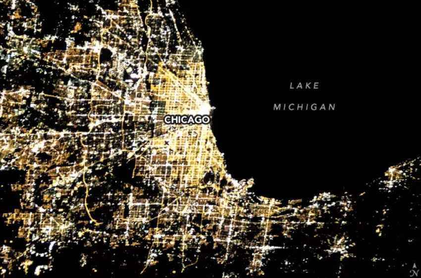 satellite photo showing the city of Chicago at night