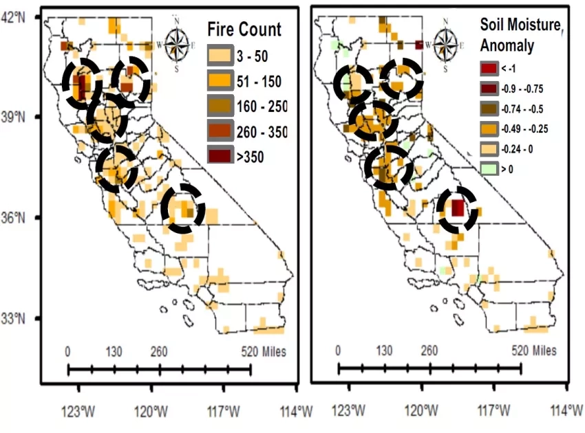 The map on the left shows the location and amount of fires detected by MODIS in California in July and August 2020, while the map on the right shows the location and severity of drier-than-average soil moisture conditions. These data show that more fires are occurring in the areas with low soil moisture conditions.  Credit: NASA GSFC Hydrological Sciences Lab, John Bolten, Nazmus Sazib