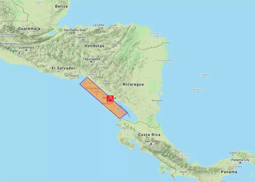 The orange rectangle illustrates the area of focus for the Nicaraguan Volcano Supersite. Credits: Google Maps, with data from INTER (Source: http://geo-gsnl.org/supersites/permanent-supersites/nicaragua-supersite)