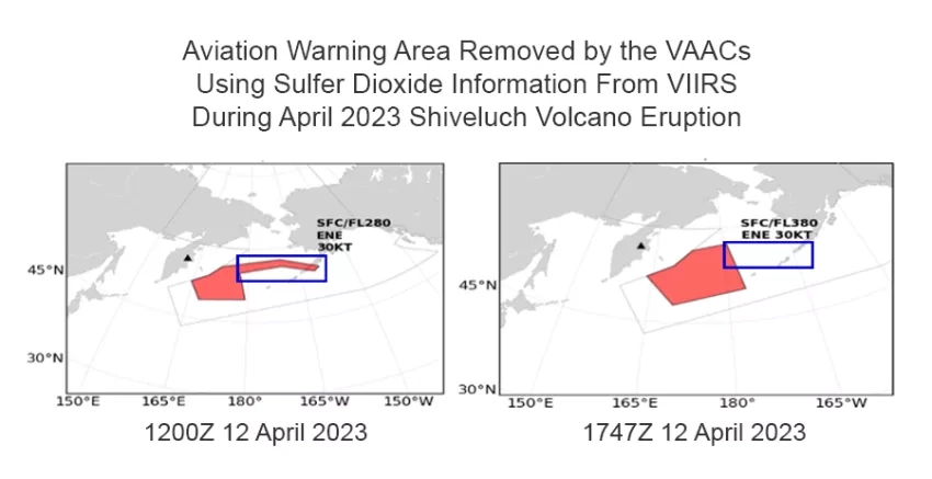 This graphic illustrates the aviation warning area (in red) which was reduced by the Anchorage Volcano Ash Advisory Center soon after the Shiveluch eruption in April 2023. The revision to the warning area (removing the area highlighted in the blue rectangles) was based on information derived from the Visible Infrared Imaging Radiometer Suite (VIIRS) on the joint NASA/NOAA Suomi National Polar-orbiting Partnership (Suomi NPP) satellites. Credits: NASA/Jean-Paul Vernier, Nick Krotkov