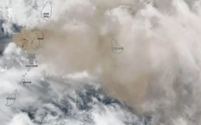 Satellite observation of the island of St. Vincent on April 10, 2021, as seen by the VIIRS instrument aboard the NASA/NOAA Suomi-NPP satellite. Volcanic ash can be seen as a brown cloud covering the entire island and extending east to cover Barbados. Credits: NASA 