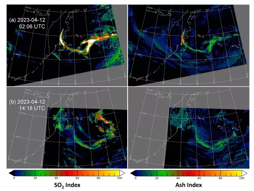 The multispectral thermal infrared measurements acquired by VIIRS are sensitive to volcanic SO2 and ash.  Index maps of SO2 (upper left) and ash (upper right) depict the Shiveluch eruption plume at 02:06 UTC on April 12, 2023. Index maps of SO2 (bottom left) and ash (bottom right) derived from VIIRS night-time observations acquired at 14:18 UTC, highlight the dispersion of the eruption plumes in the 12 hours following initial observation. Credit: NASA