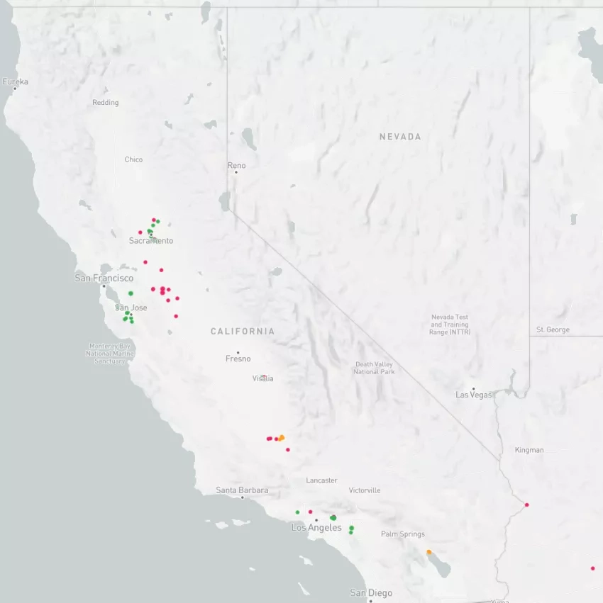 Map of California and Nevada with small dots in green, pink and orange indicating collections of different viruses clustered around the cities Sacramento, San Jose, and Los Angeles.