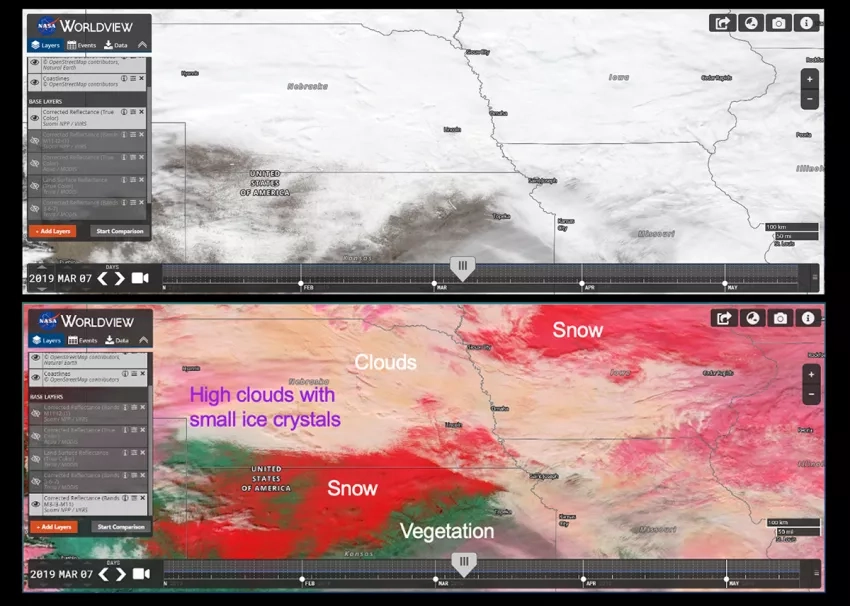 Screenshots of NASA Worldview images presented during Project Atmosphere depiciting the usefulness of showing a False Color RGB (Red Green Blue) composite. 