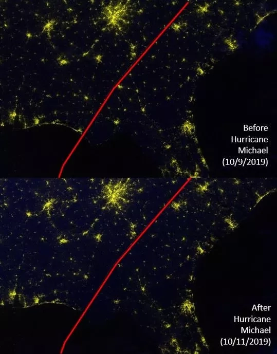 These before-and-after images show Hurricane Michael's impact on Florida’s Gulf Coast between Oct. 9 and 11, 2019. If you follow along the hurricane’s northeasterly track, you can see that many nighttime lights disappeared after the storm (on Oct. 11). Credits: NASA